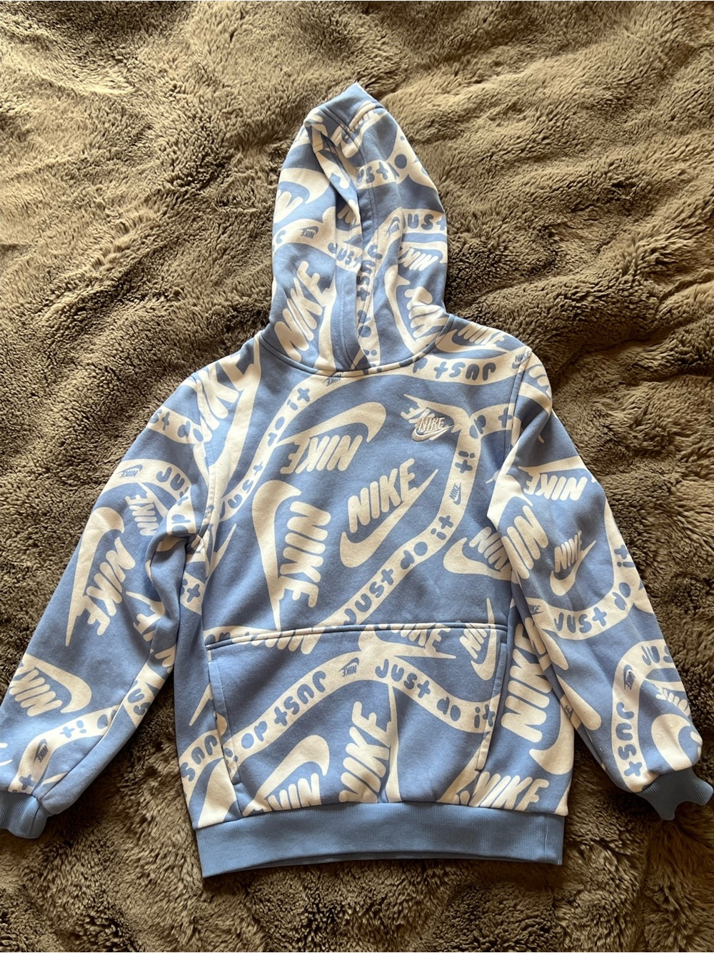 Nike Kids Light Blue & White All-Over Logo Puffer Hoodie